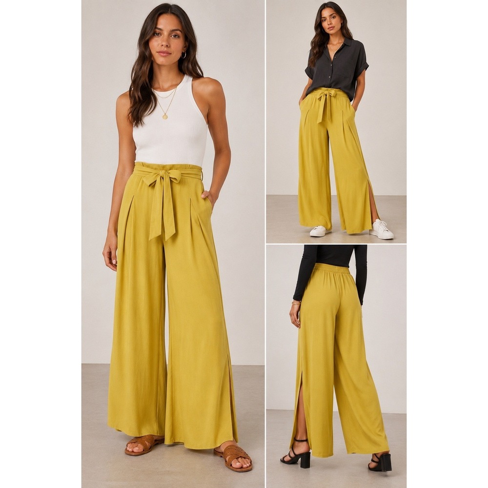 New Jack By BB Dakota Women's Wide Leg Pants Yellow Tie Waist Slit Small